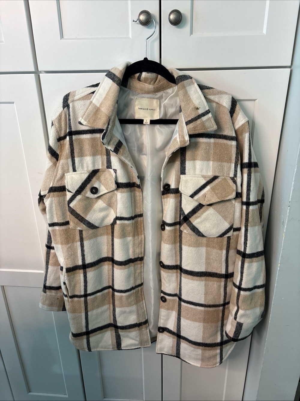 Thread & Supply Plaid Lightweight Shacket in Beige, Cream & Black
